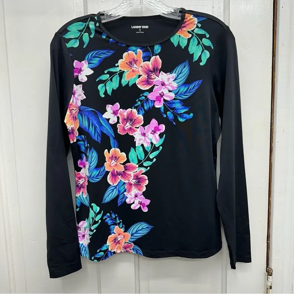 Lands' End black floral rash guard long sleeve swim shirt women's small 6 - 8